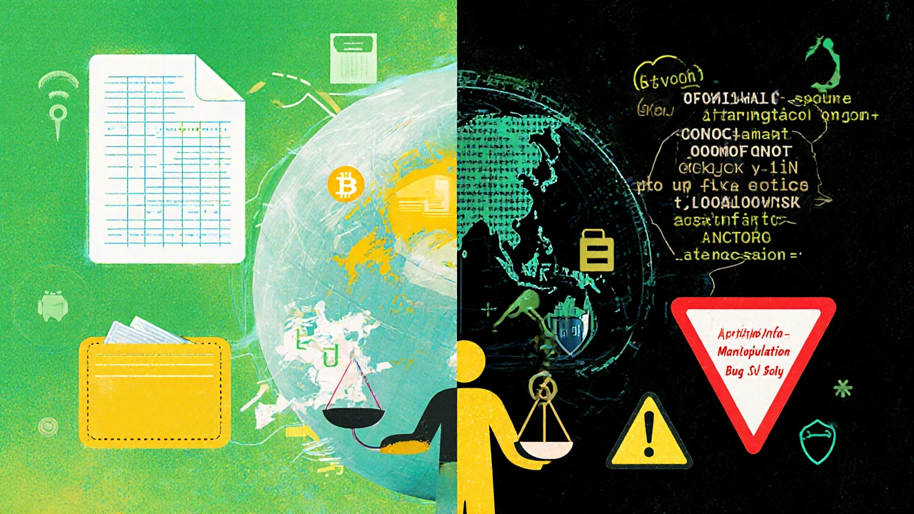 Collage mit Vorteilen (Transparenz) links und Risiken (Bugs, Manipulation) rechts.