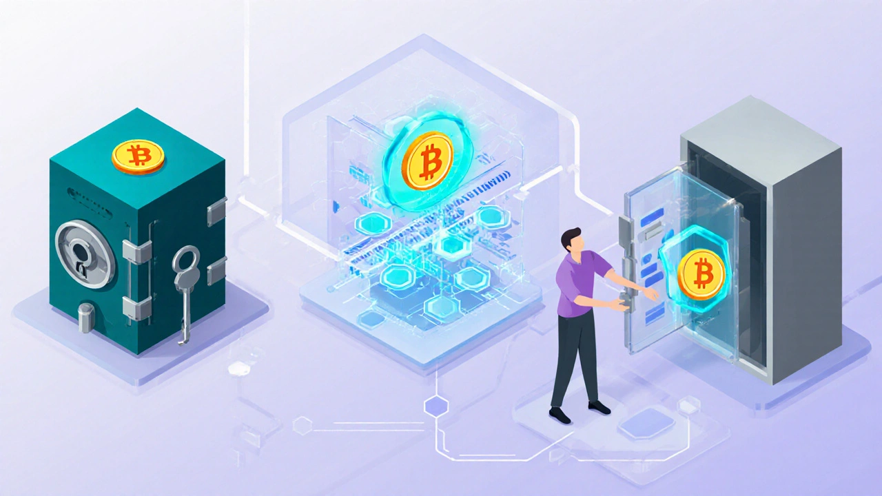 Drei isometrische Szenen zeigen das Einfrieren von Bitcoin, das Minten des Wrapped‑Tokens und das Zurücktauschen.