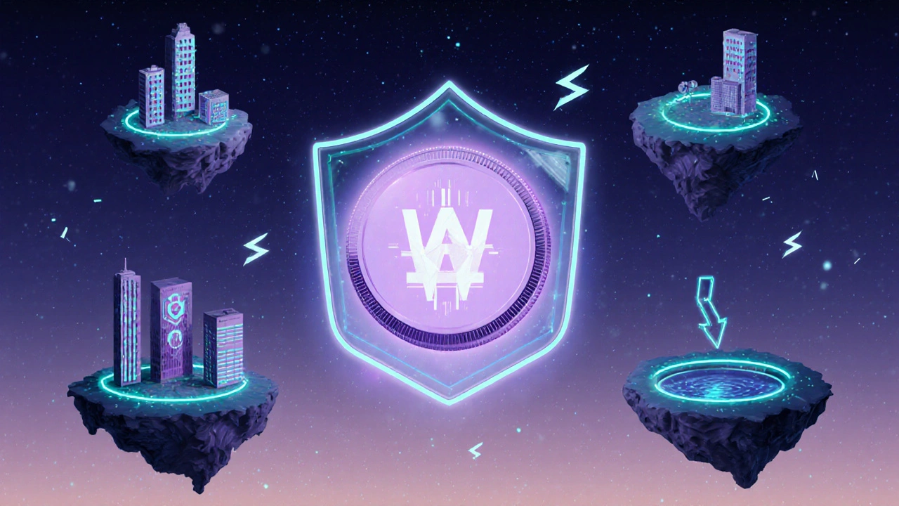 Ein fantasievolles DeFi‑Stadtbild mit WBTC‑Token, DEX‑Plattformen, Kredit‑ und Yield‑Farming‑Symbolen sowie Sicherheits‑ und Risikoelementen.