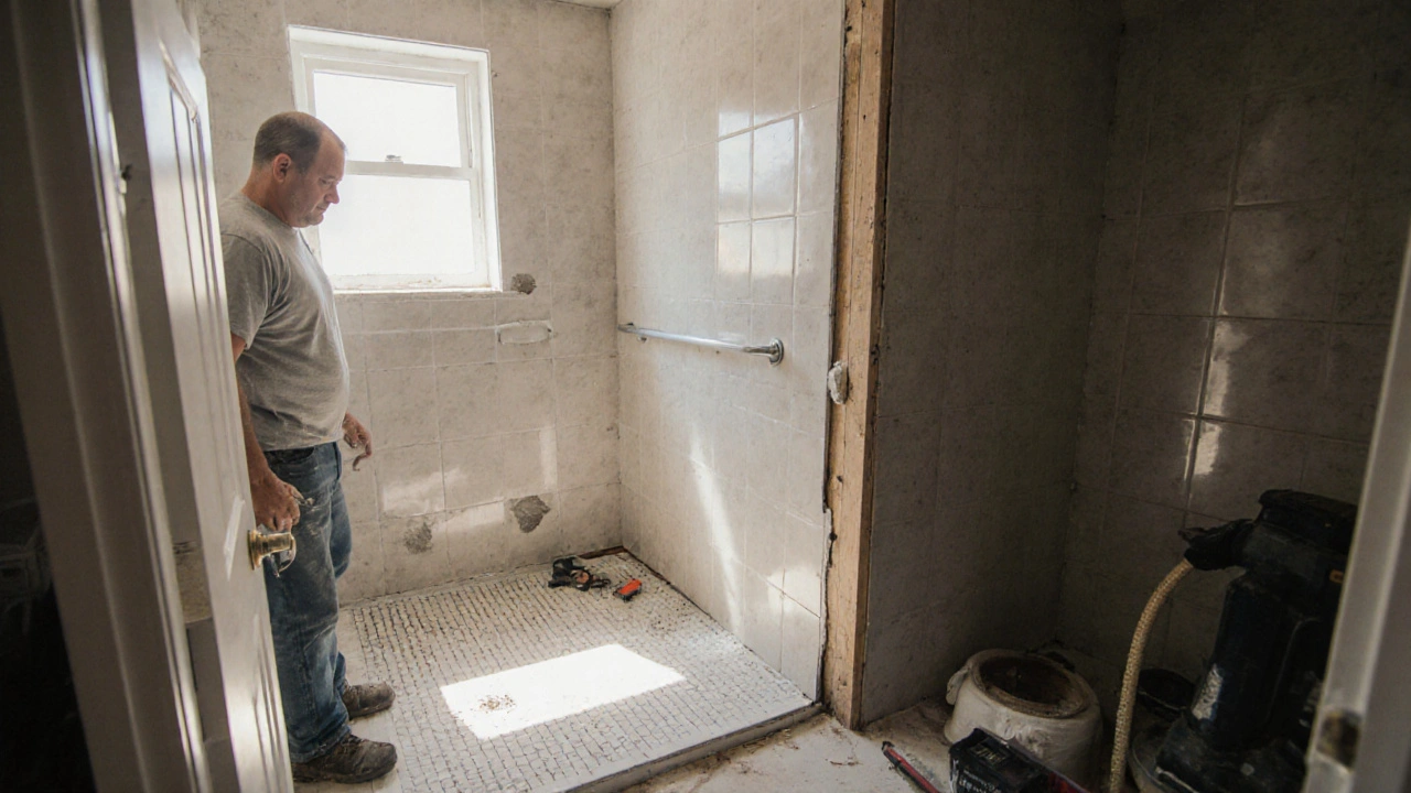 Badezimmerwand mit Verstärkung für Haltegriffe, bodengleiche Duschwanne wird verlegt, ruhige Renovierungsstimmung.