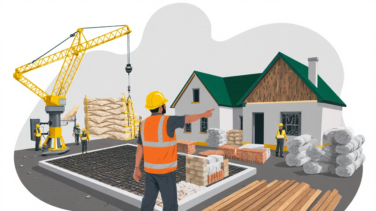 Baustelle mit Fundament, Dachträger, Handwerkern und Baumaterialien.