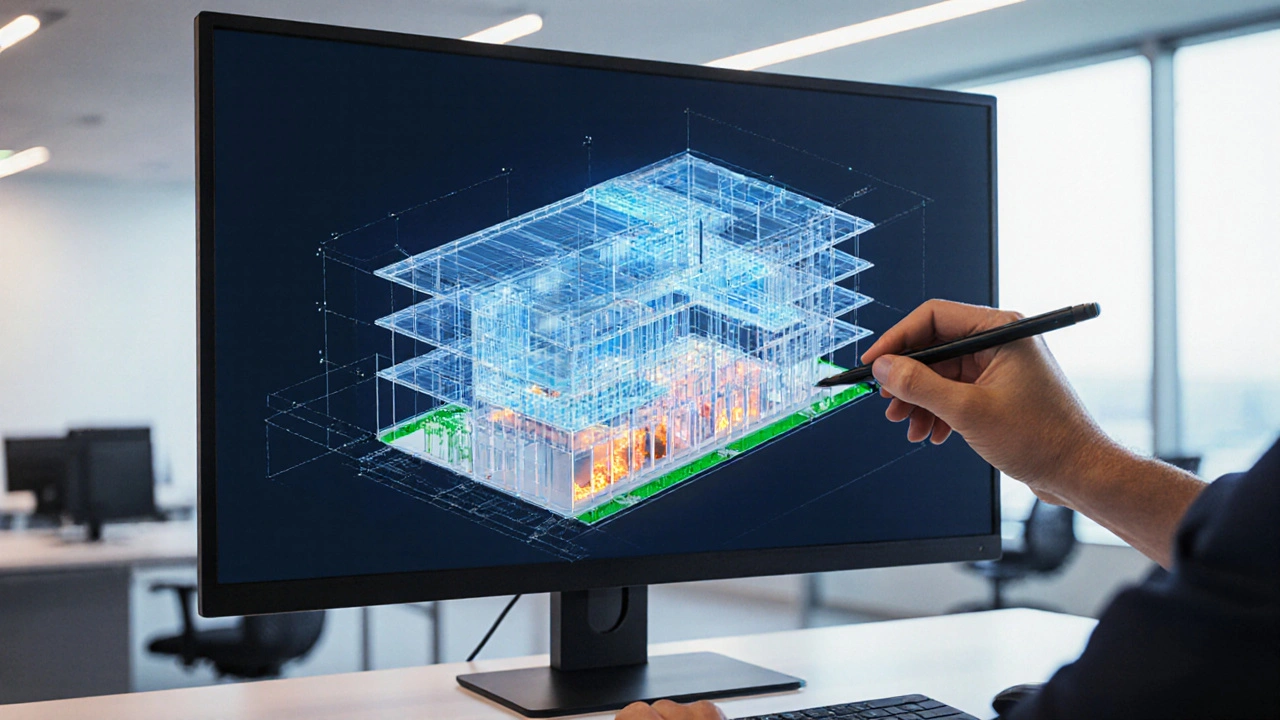 Computermonitor zeigt ein detailliertes 3D‑BIM‑Modell mit verschiedenen Fachschichten.
