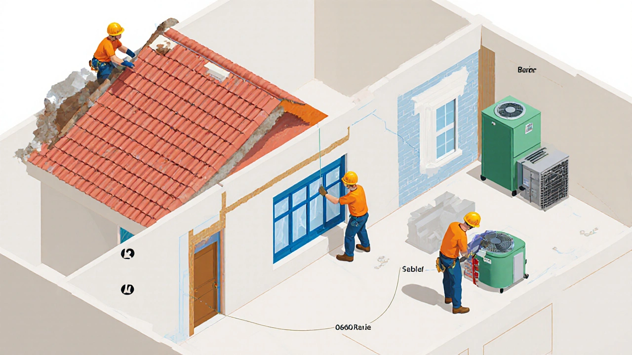 Dreiteilige 3D‑Ansicht: Dachsanierung, Fensteraustausch und Heizungserneuerung an einem 24‑Jahre‑alten Haus.