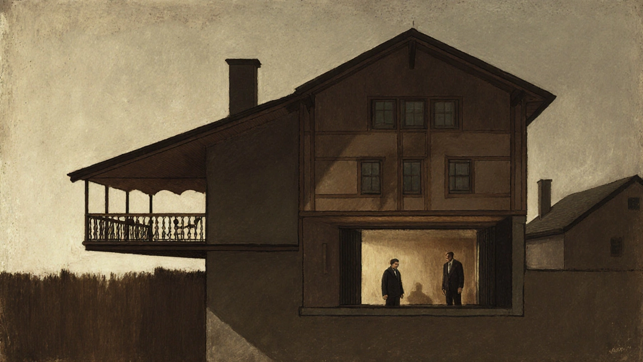 Ein Dachterrasse überragt die Grundstücksgrenze, der Nachbar steht im Schatten darunter.