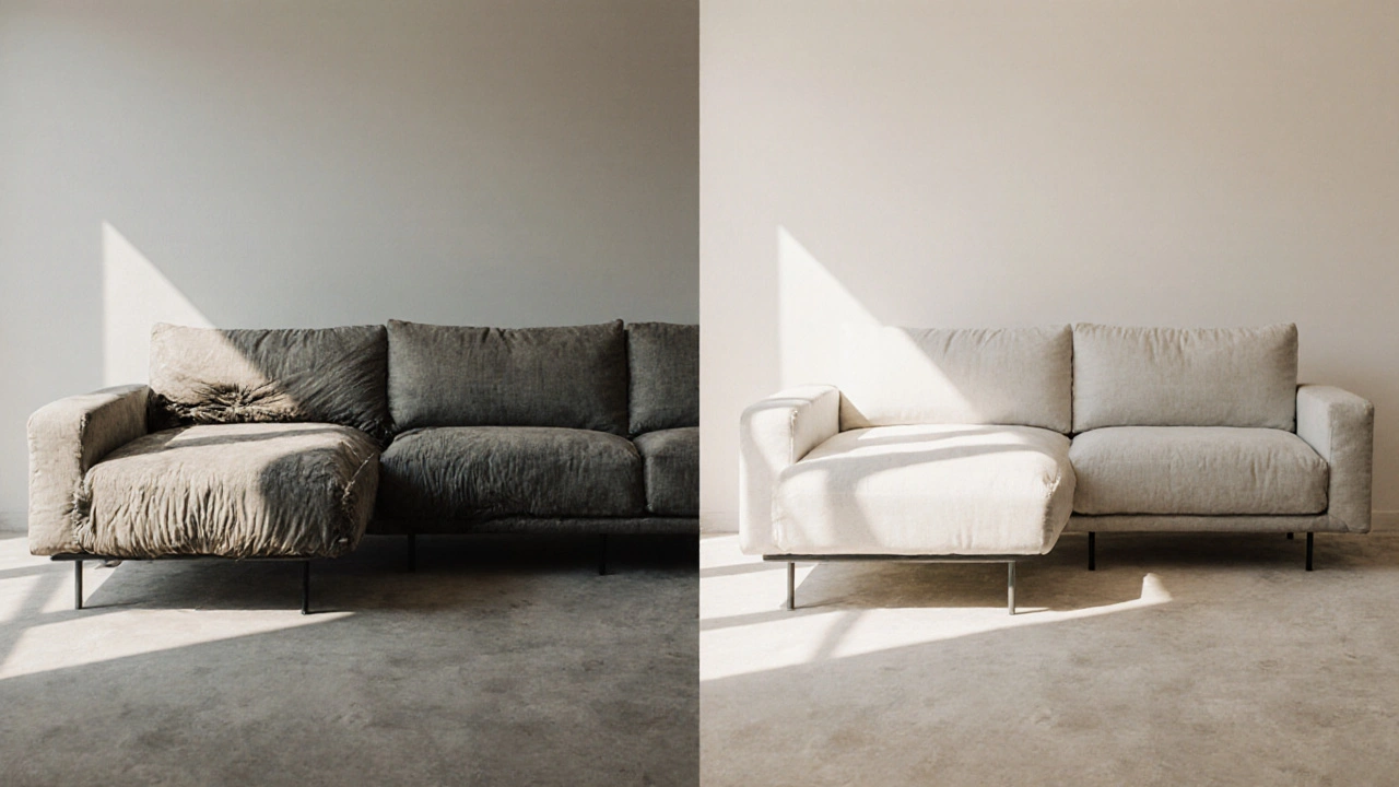 Ein fünf Jahre altes Sofa mit tief eingesunkenem Sitz neben einem neuwertigen Modell mit Kaltschaum – beide im gleichen Raum, um Haltbarkeit zu zeigen.