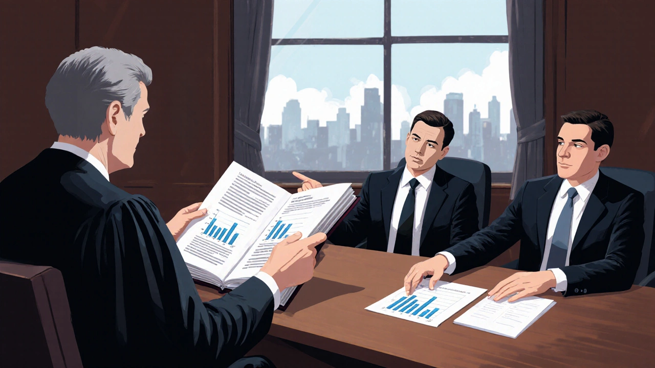 Ein Richter prüft ein rechtsverbindliches Immobiliengutachten im Gerichtssaal.