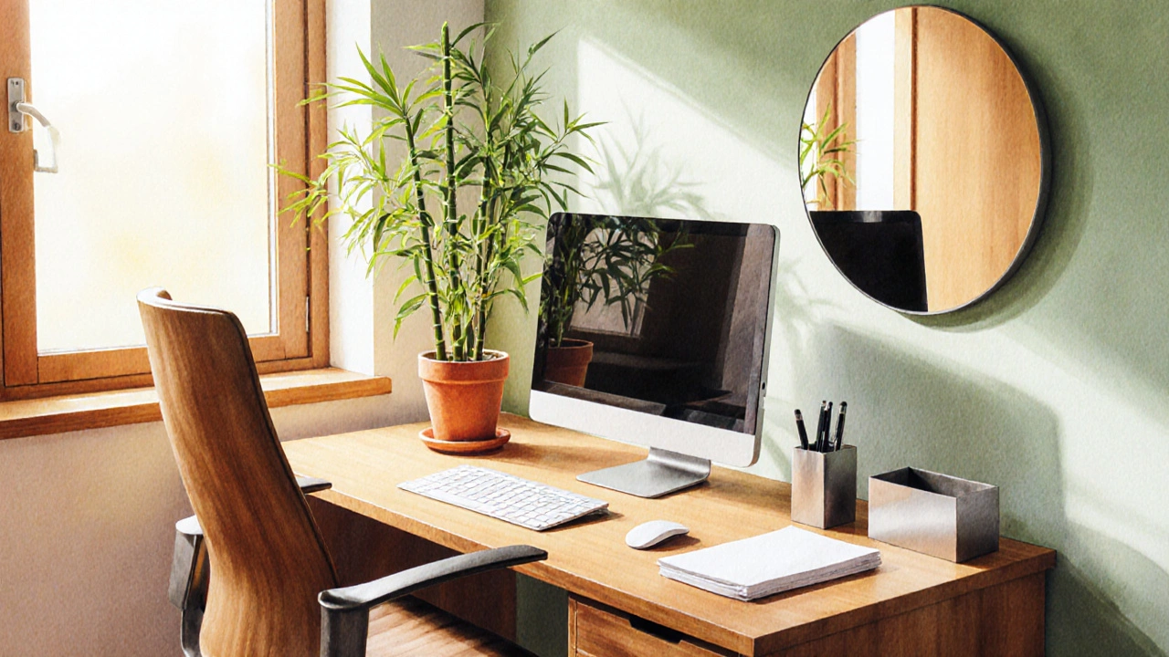 Feng‑Shui‑Desk: Holzstuhl, Bambus, Metall-Accessoires, warmes Tageslicht aus Ostfenster.