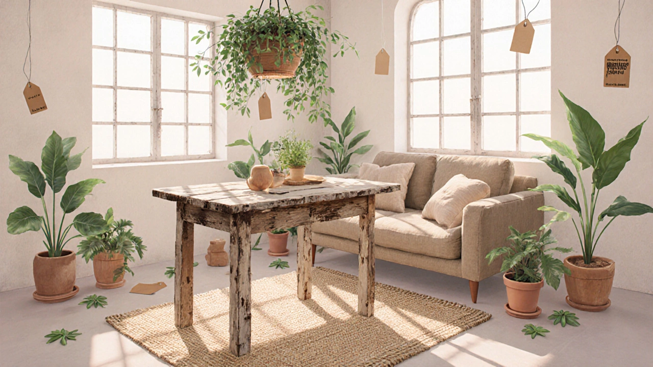 Gemütliche Secondhand‑Einrichtung in lichtdurchflutetem Loft mit Pflanzen und nachhaltiger Atmosphäre.
