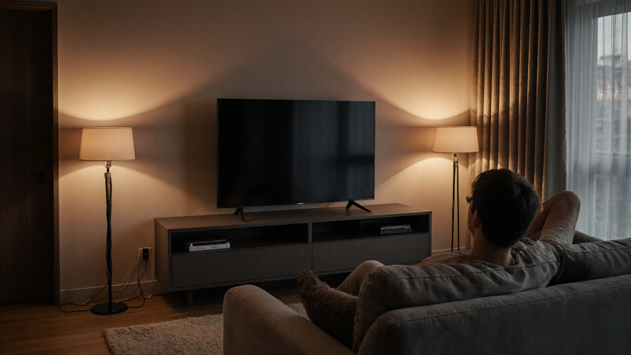 Gemütliches Wohnzimmer in Graz, 65‑Zoll‑TV perfekt angebracht, entspannte Person.