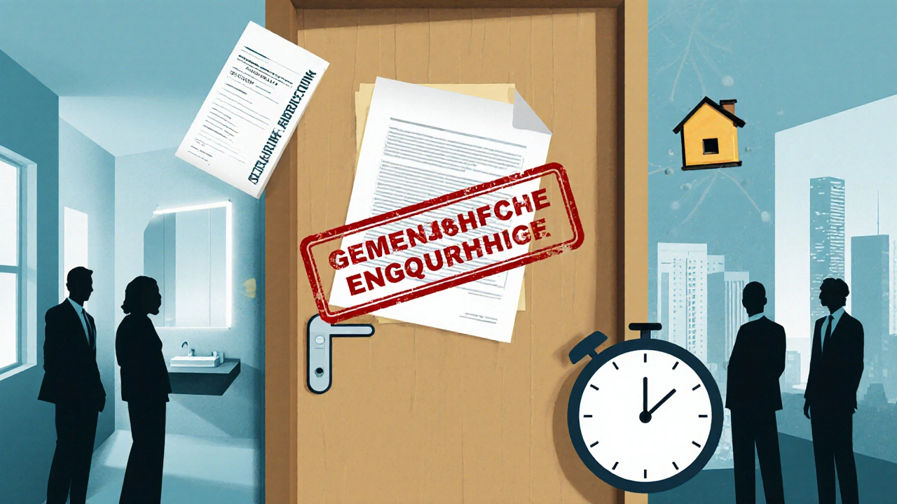 Gesperrte Tür mit Genehmigungsstempel, umgeben von Rechtsdokumenten und modernen Ausstattungsmerkmalen.