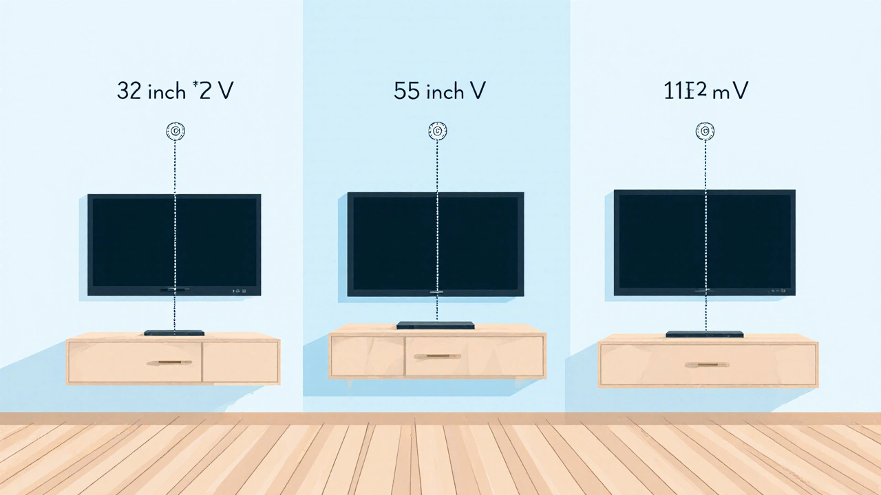 Illustration drei TV‑Größen auf Schränken mit empfohlenen Höhenlinien.