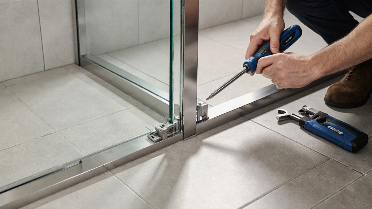 Installateur befestigt eine 10 mm ESG‑Tür in einem Edelstahlrahmen mit Silikon‑Dichtungen.