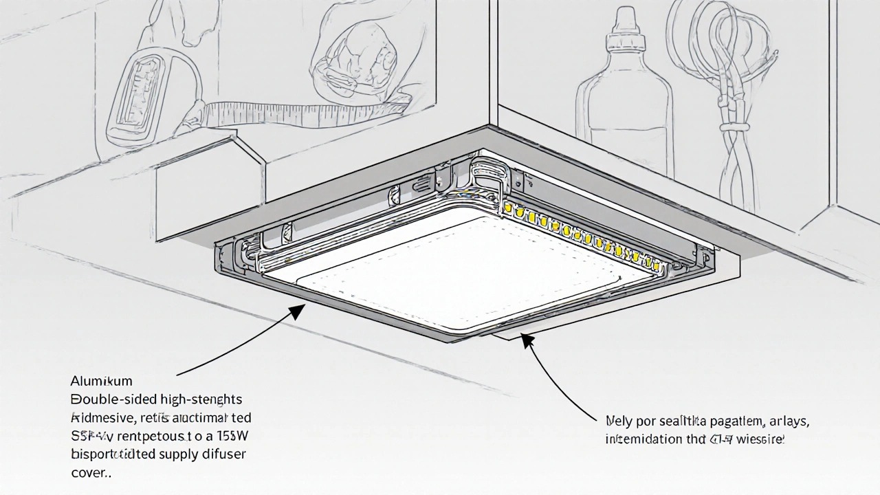 Technische Querschnittsansicht einer LED-Unterschrank-Installation mit Profil, Klebeband und Netzteil.