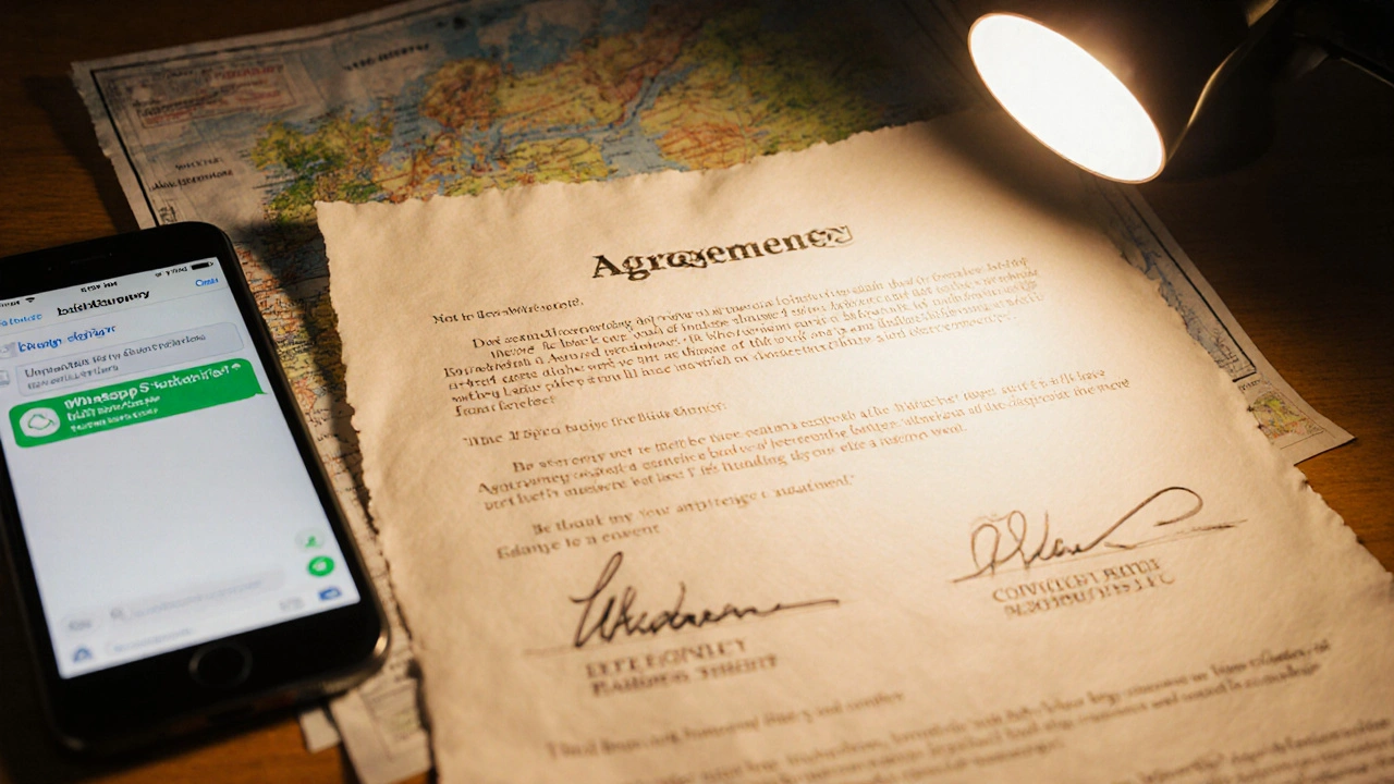 Unterschriebene Vereinbarung neben einem Landkarte, Smartphone mit WhatsApp im Hintergrund.