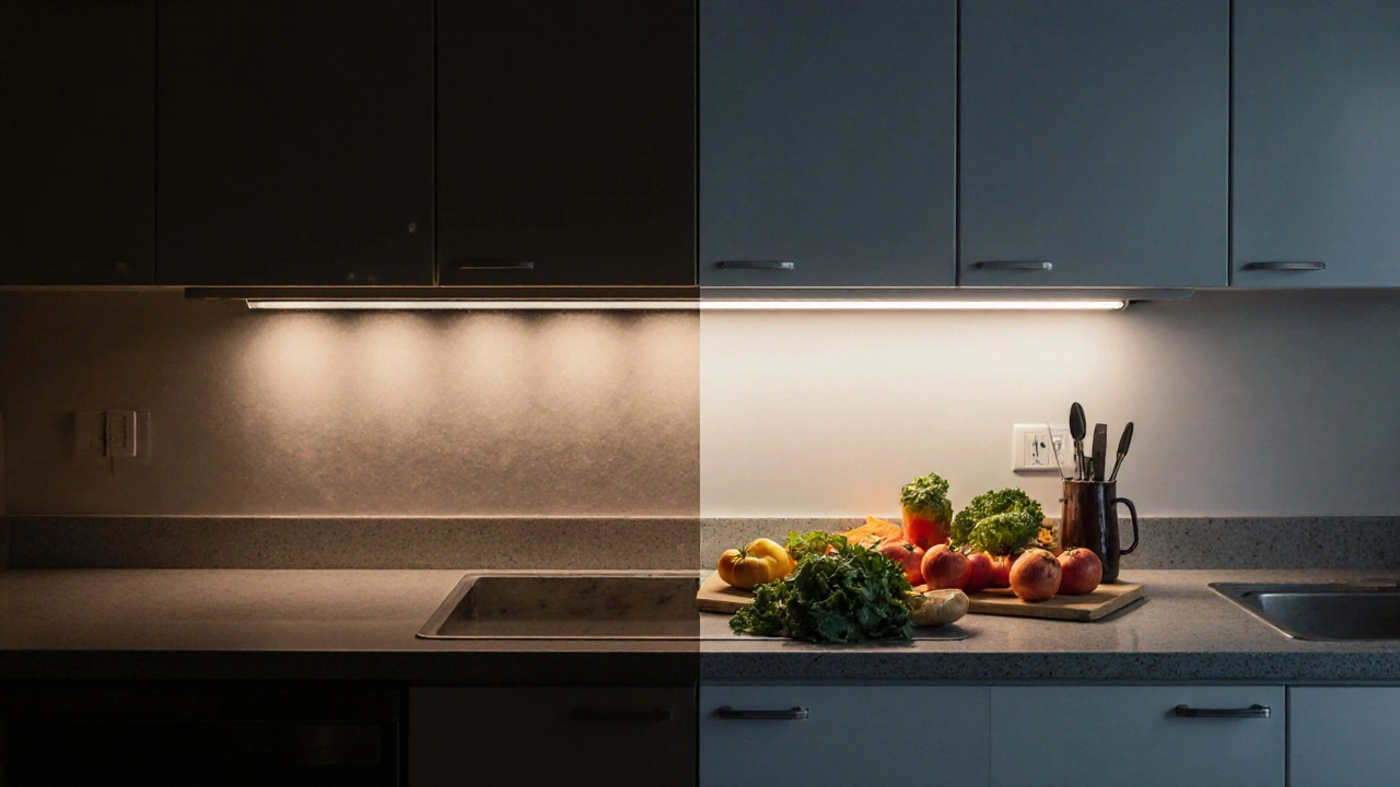 Vergleich: Dunkle Küche mit Halogenlicht links, helle, gleichmäßige LED-Beleuchtung rechts.