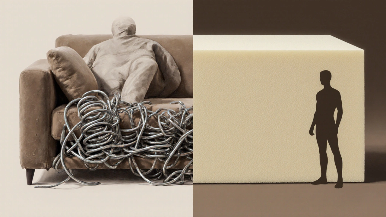 Vergleich zweier Sitzkernsysteme: links ein durchhängender Bonell-Federkern, rechts ein gleichmäßiger Kaltschaumblock, der sich perfekt an den Körper anpasst.