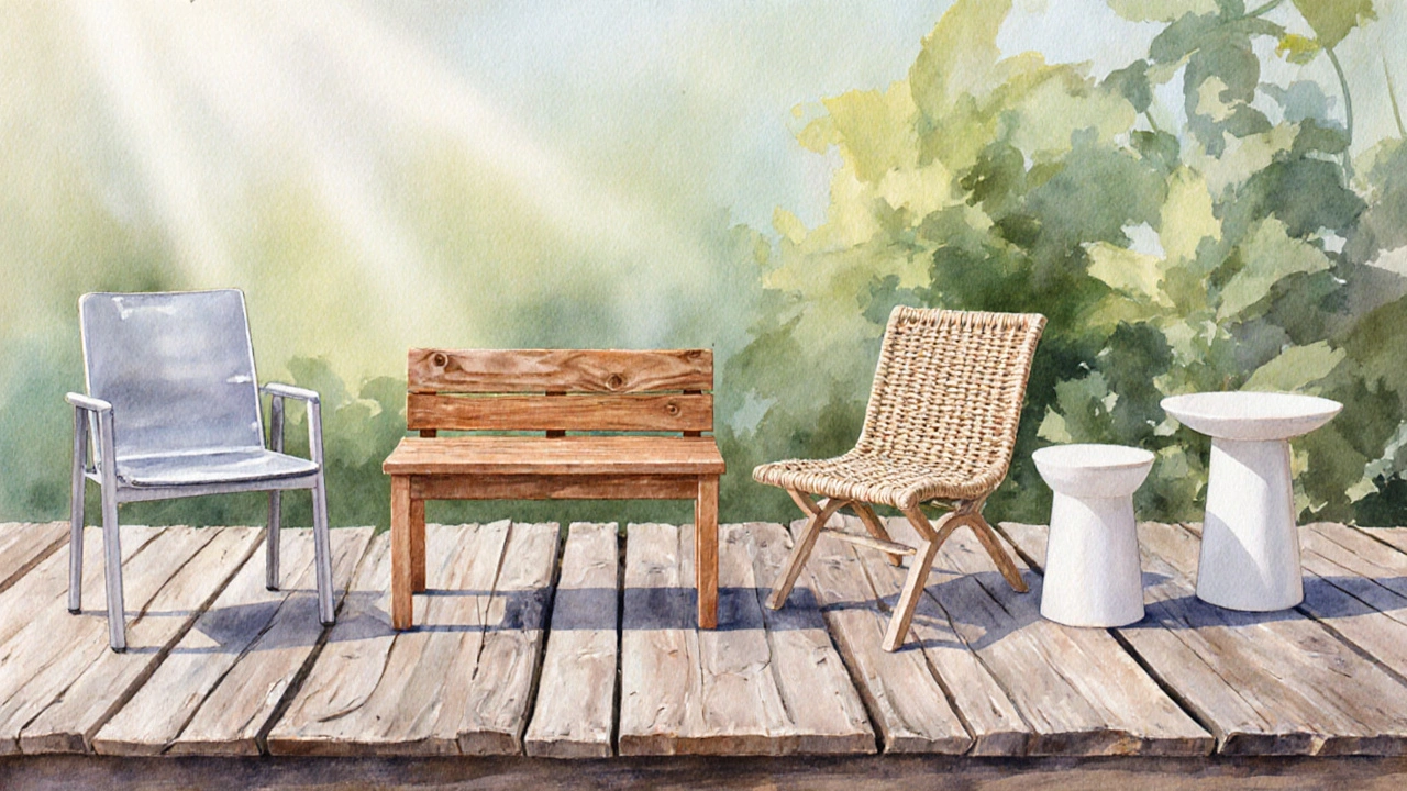 Vier Möbelstücke aus Aluminium, Teakholz, synthetischem Rattan und Kunststoff nebeneinander.