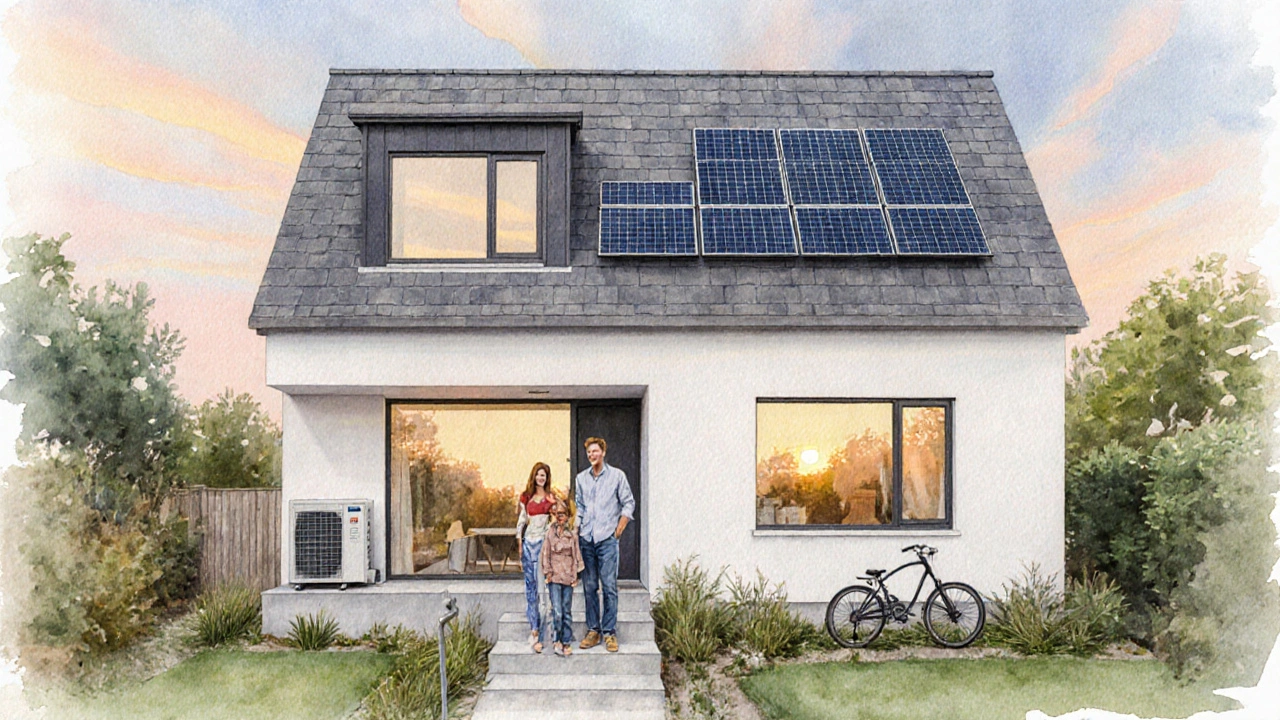 Wasserfarben‑Bild eines modernisierten Hauses mit Solardächern, dreifach verglasten Fenstern und einer glücklichen Familie.