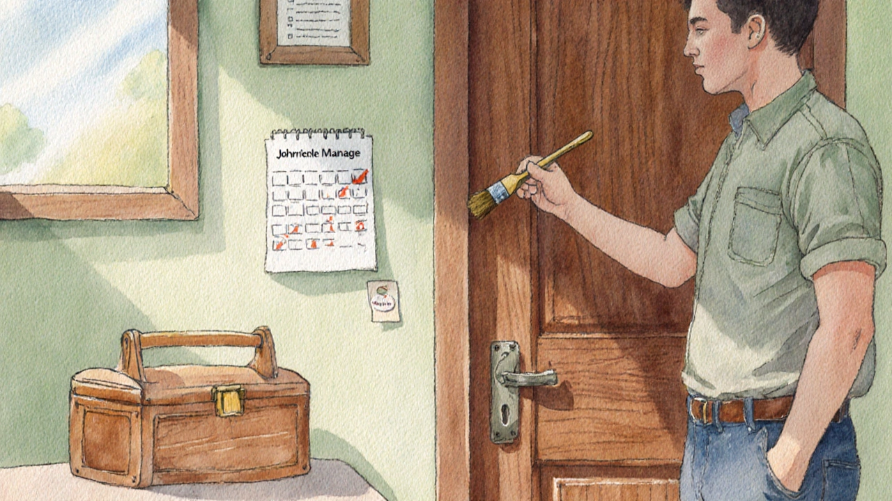 Wasserfarben‑Illustration einer Person, die Öl an die Türscharniere einer Innentür aufträgt.