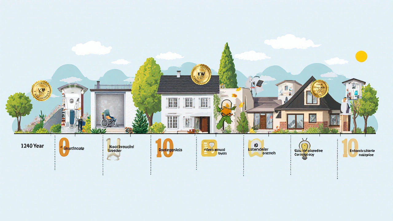 Zeitlinie der schrittweisen Barrierefreiheit im Haus: Türen, Bad, Treppenlift, Smart-Home über zehn Jahre.