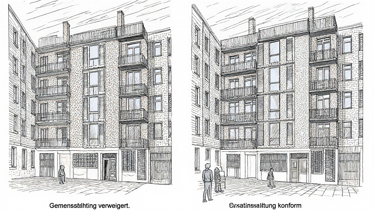 Zwei nebeneinander liegende Wohnhäuser: eines modernisiert und abgelehnt, eines im ursprünglichen Zustand.
