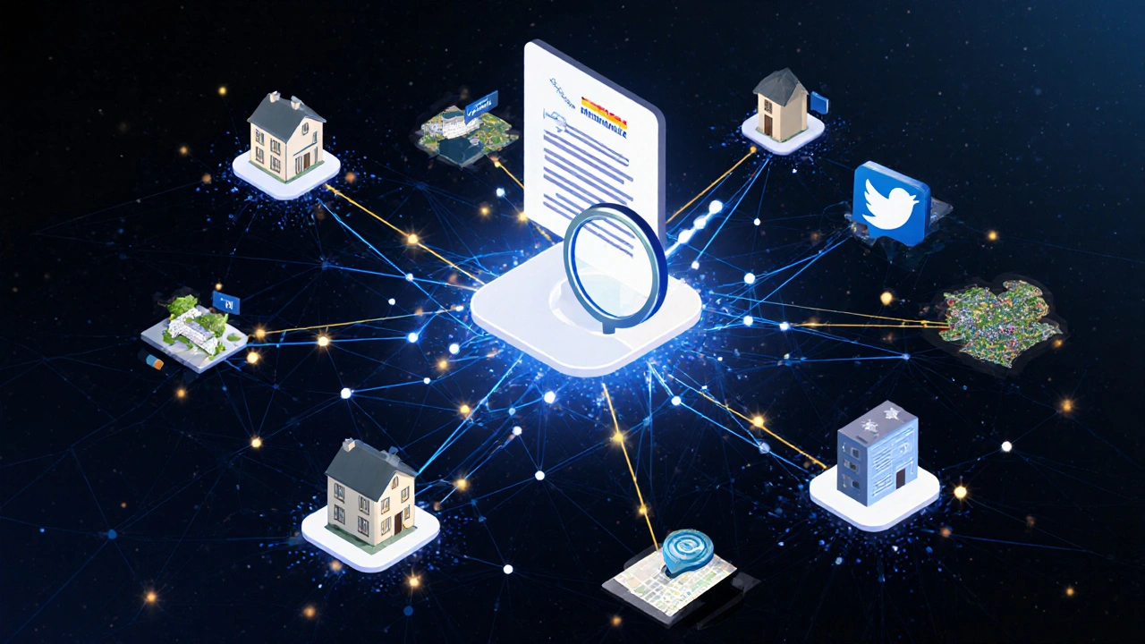 Abstrakte Darstellung eines KI-Netzwerks, das Immobilieninserate mit satellitären und sozialen Daten verknüpft.