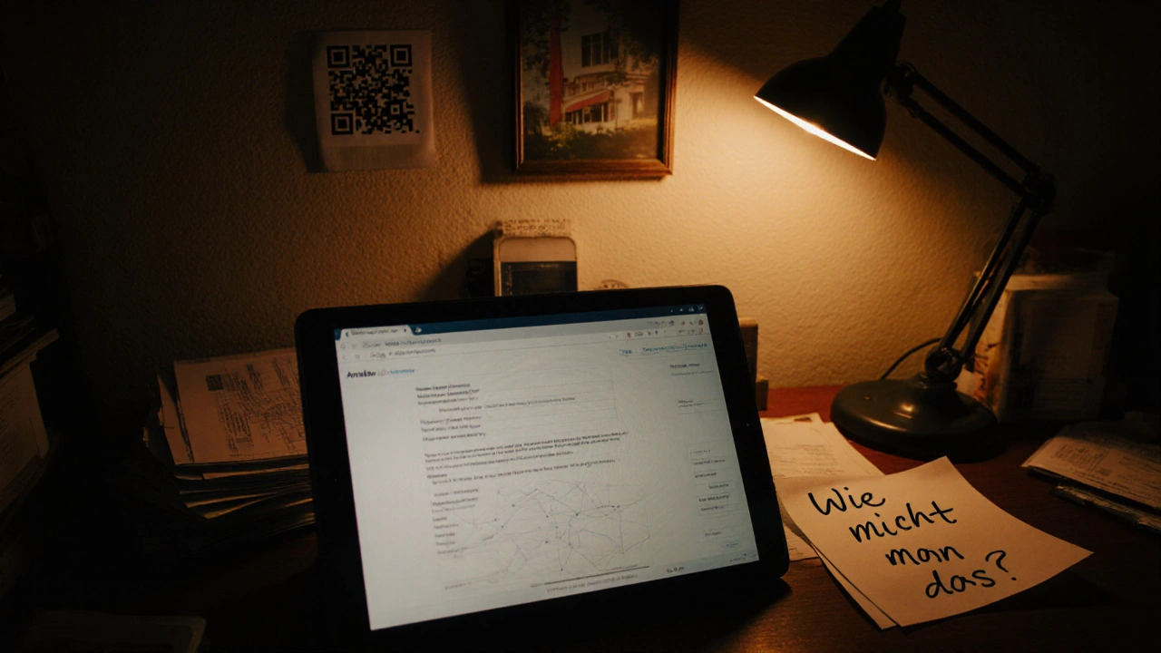 Älterer Vermieter vor einer unverständlichen digitalen Plattform-Oberfläche.