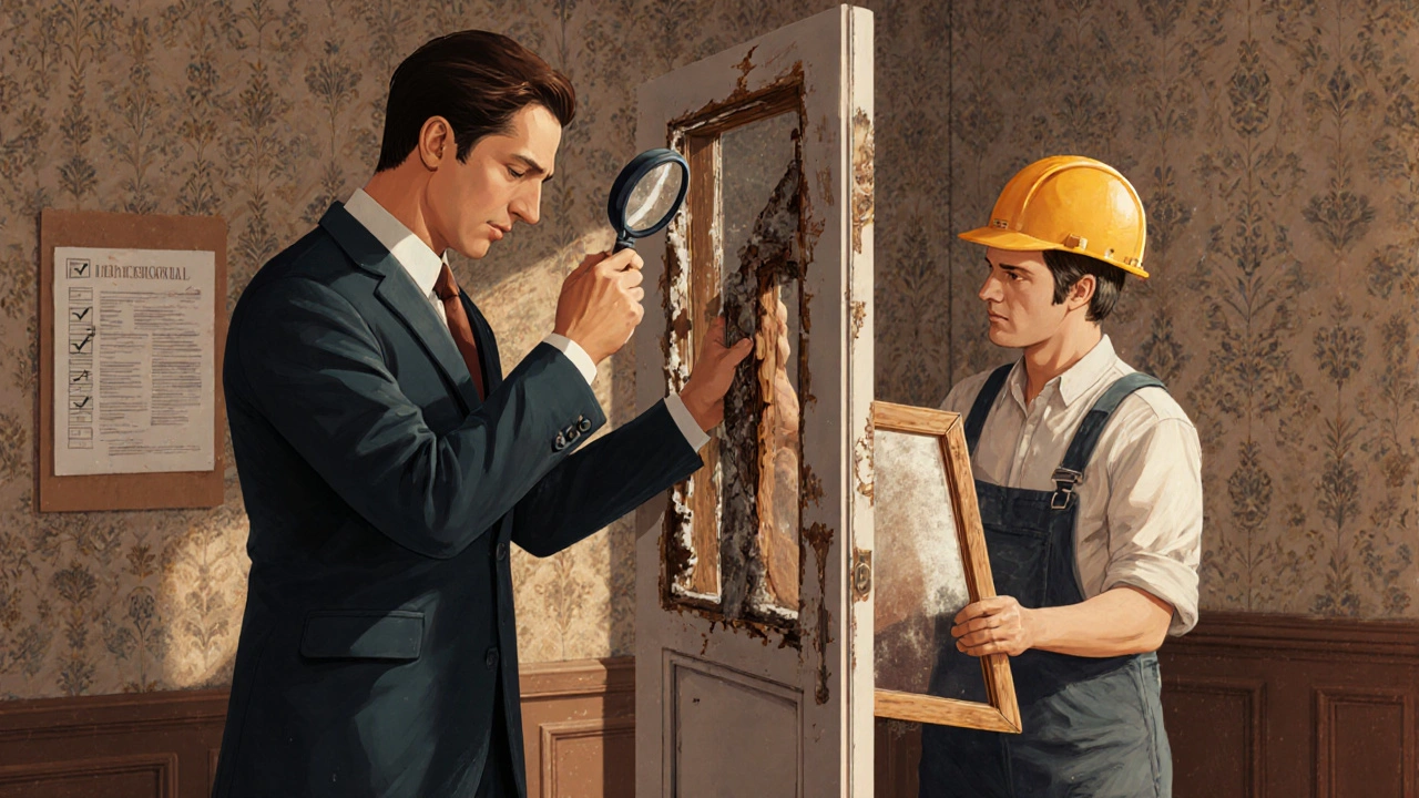 Denkmalpfleger untersucht eine alte Holztür mit Lupe, während ein Arbeiter ein repliziertes Fenster hält.