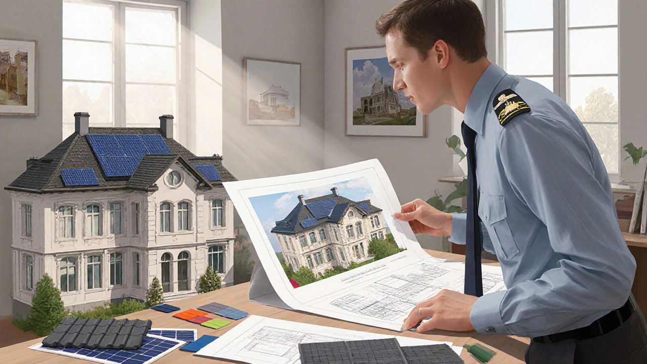 Denkmalschutzbeamtin prüft detaillierte Visualisierungen einer denkmalgerechten Solaranlage auf historischem Gebäude.