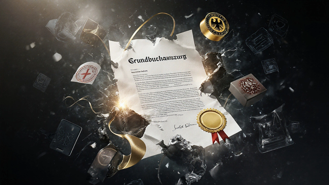 Digitaler Rekonstruktionsprozess eines rechtsgültigen Grundbuchauszugs mit Siegel und Schnur.