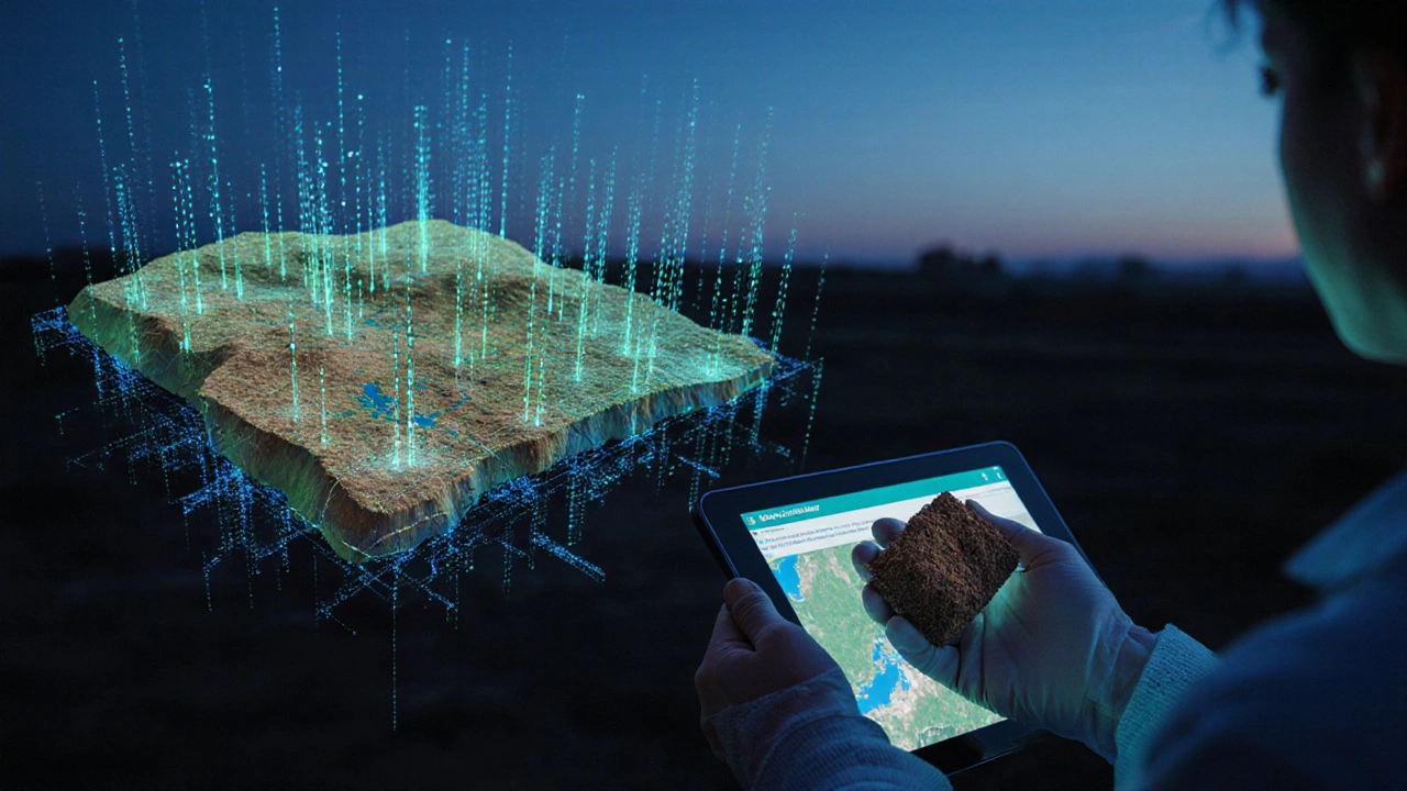 Digitales 3D-Modell eines Bodens mit Datenströmen, das neben einer physischen Bodenprobe schwebt.