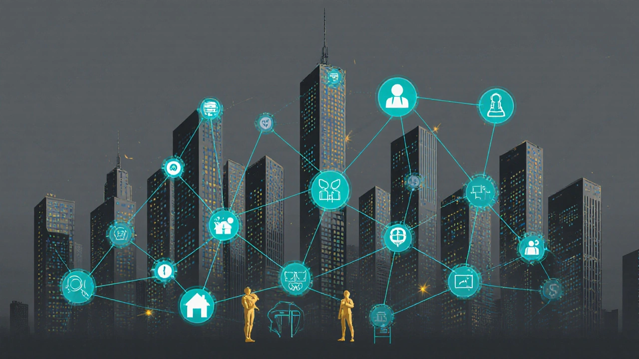 Digitales Ökosystem mit großen Plattformen als Türme, die kleinere Anbieter verdrängen.