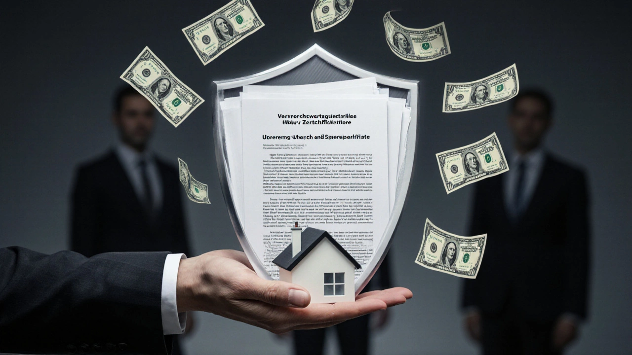 Ein Dokumentenschild schützt ein Haus vor Überzahlung, während andere Gutachter im Hintergrund verschwimmen.