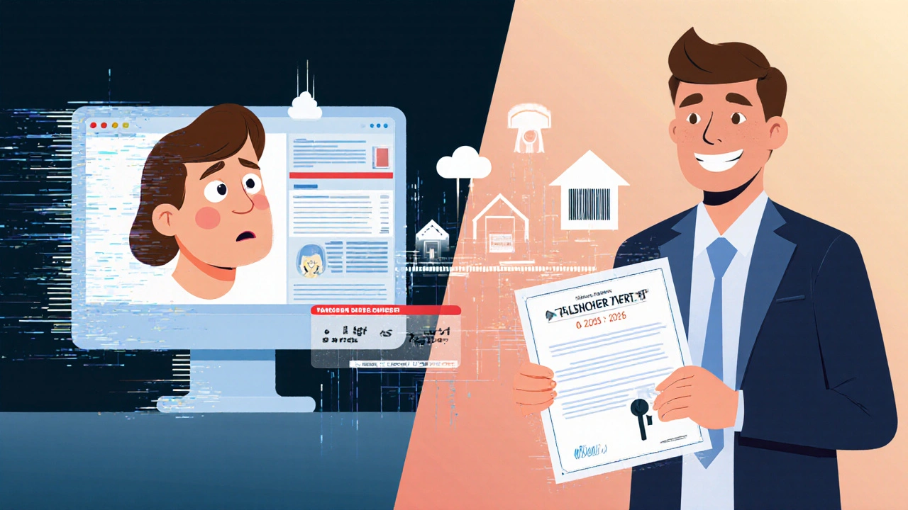 Ein Hausbesitzer vergleicht eine falsche Online-Bewertung mit einem offiziellen Gutachten und einer erfolgreichen Verkaufssituation.