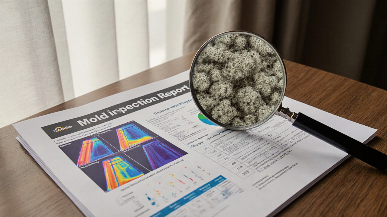 Ein Schimmelgutachten mit thermografischen Bildern und Laborbefunden auf einem Tisch.