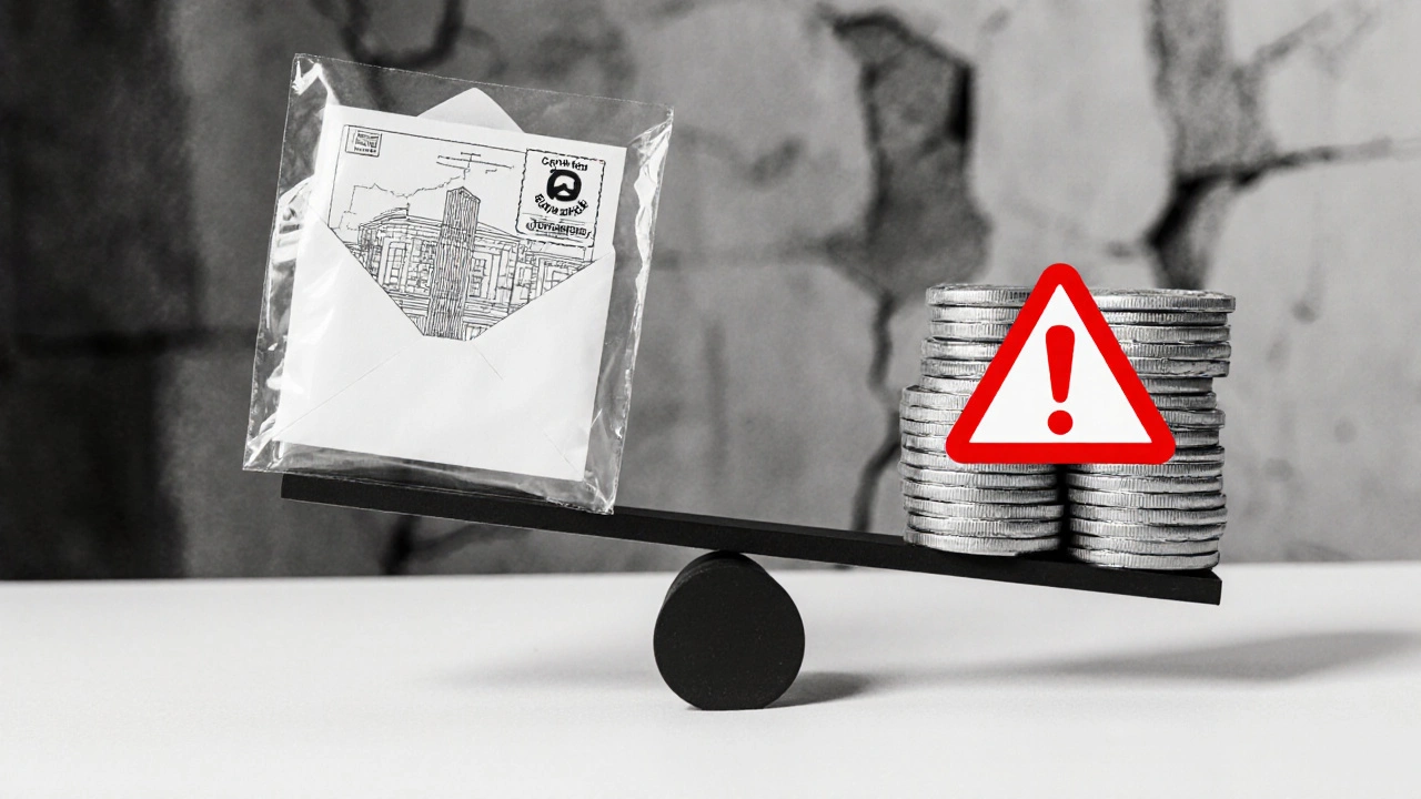 Eine Waage mit Gutachten und Geld gegenüber einem Gesundheitswarnsymbol.