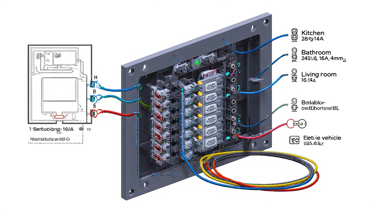 Elektrischer Verteilerkasten mit gekennzeichneten Stromkreisen für Küche, Bad, Wallbox und Photovoltaik.