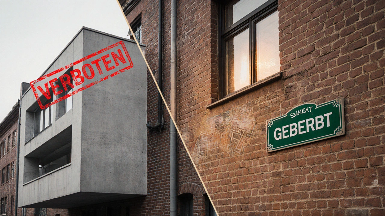 Gegensatz: verbotene moderne Erweiterung links, restauriertes Denkmal rechts mit steuerlichem Hinweis.