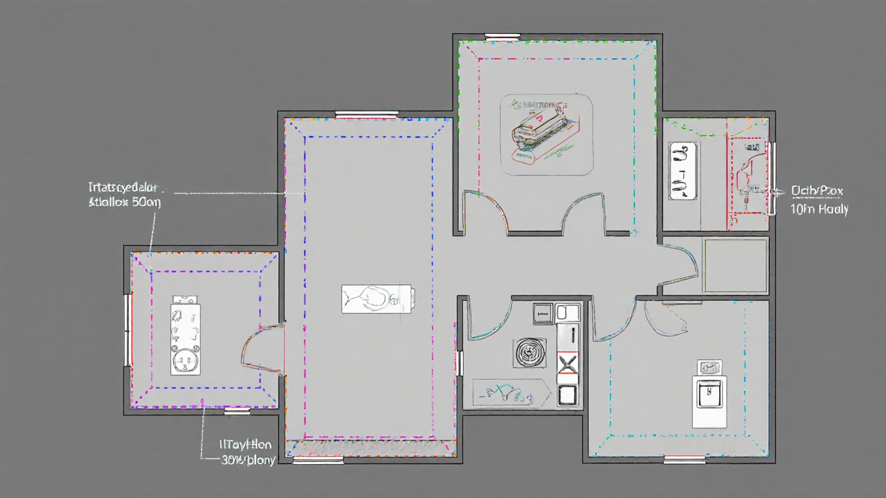 Grundriss mit sicheren Kabelverlegungszonen nach DIN-Norm, horizontale und vertikale Zonen markiert.