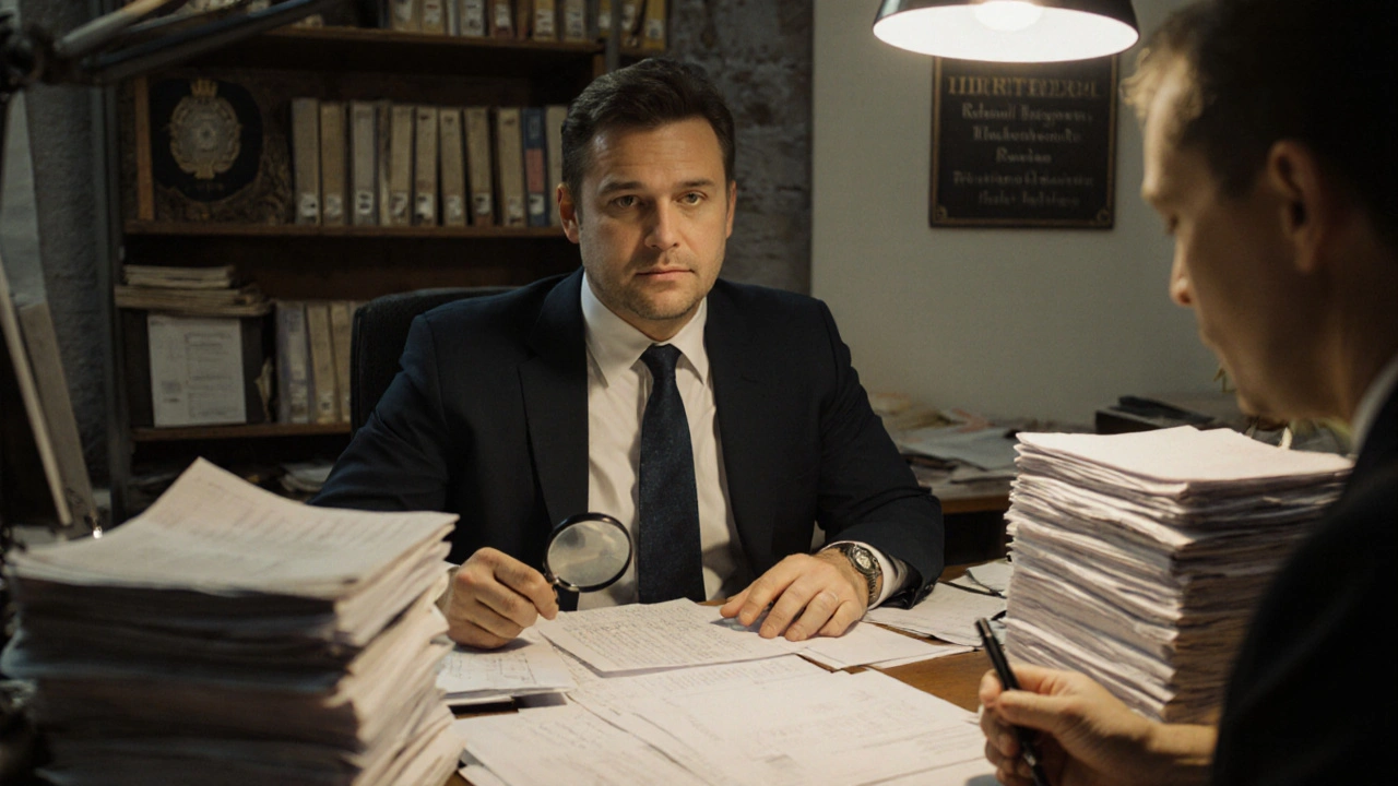 Hausbesitzer in Rathausamt mit Finanzunterlagen, Beamter prüft Unterlagen zur Denkmalschutzbefreiung.