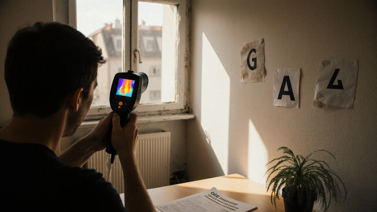 Homeowner and energy auditor inspecting an old Berlin apartment with thermal camera showing heat loss.