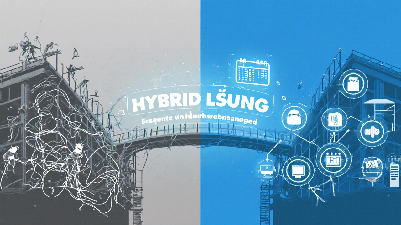 Hybride Bauweise: Links chaotische Einzelvergabe, rechts geordnete Generalunternehmer-Lösung, verbunden durch einen leuchtenden Übergang.