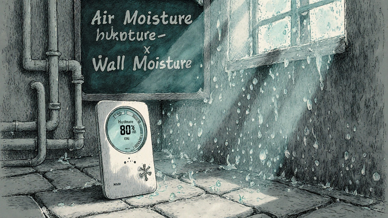 Hygrometer in einem feuchten Keller zeigt hohe Luftfeuchtigkeit, Kondenswasser an Fenstern.