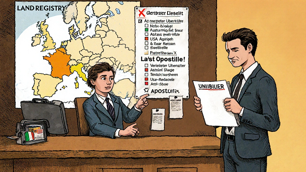 Internationaler Käufer erhält abgelehnten Grundbuchauszug vor Grundbuchamt mit Prüfliste.