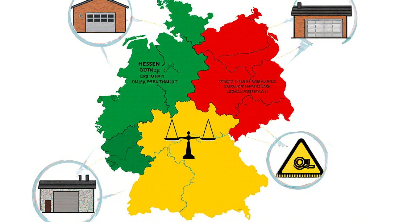 Karte Deutschlands mit farblich unterschiedlichen Bundesländern und ihren Regelungen für Grenzbauten.