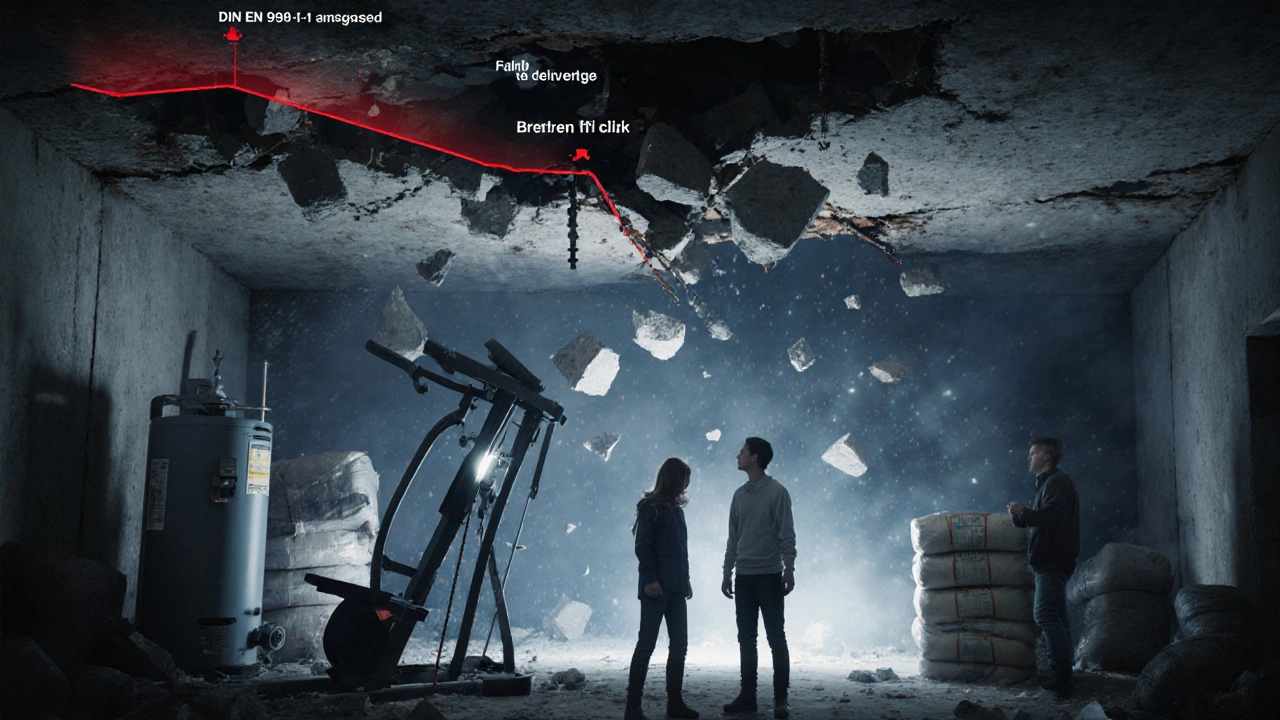 Kellerdecke bricht ein: Möbel und Geräte stürzen herab, Familie ist in Panik.