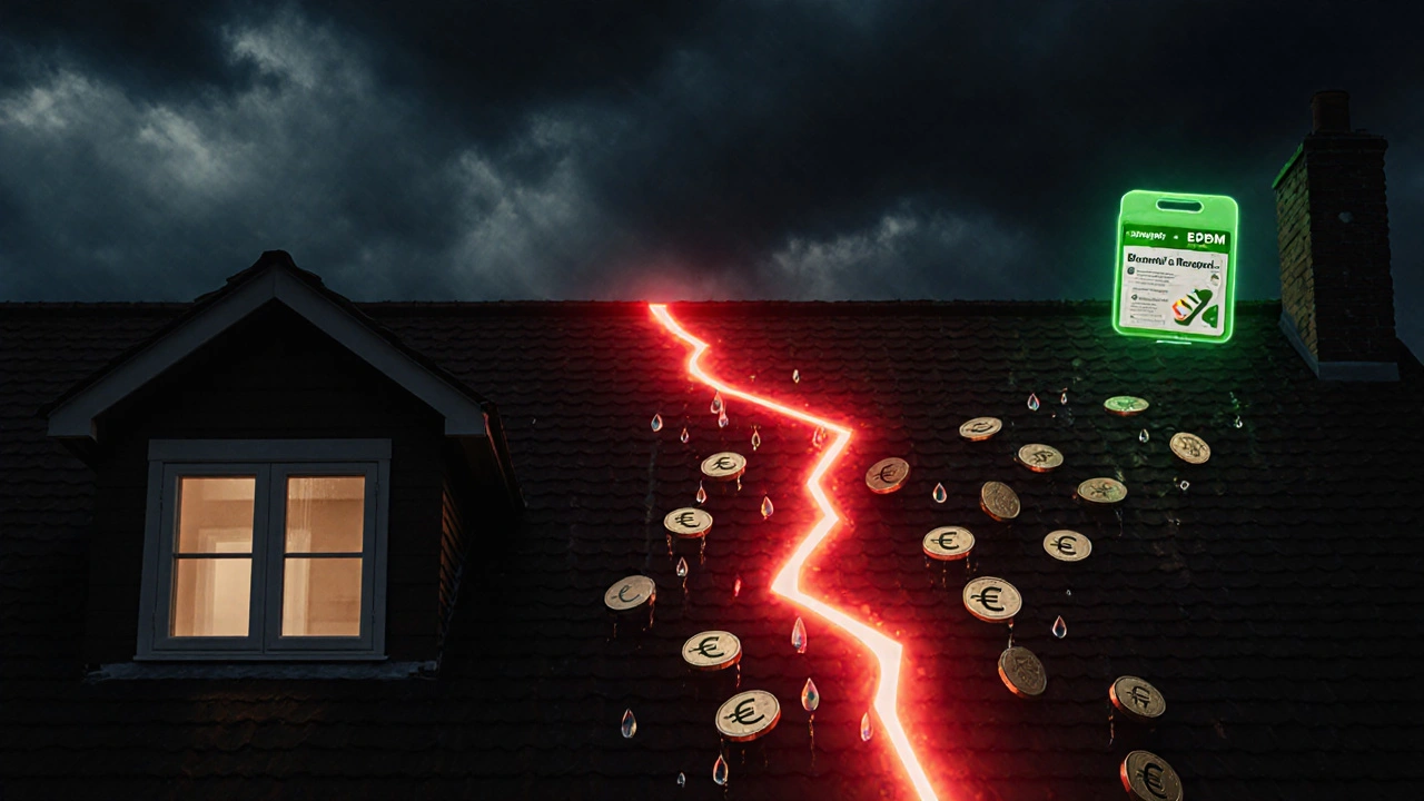 Konzeptuelles Bild: Ein undichtes Dach mit sich ausbreitendem roten Schadensmuster und fallenden Geldscheinen.