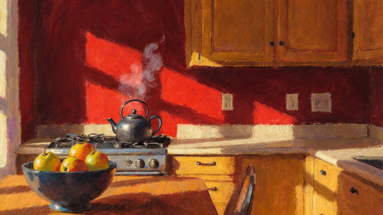 Küche mit einer tiefroten Akzentwand und warmem Holzmöbeln bei abendlichem Licht