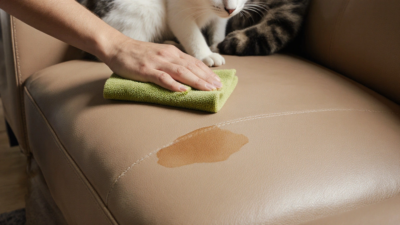 Nasse Mikrofaser-Tuch wischt Fleck von Kunstleder-Sofa, Katzenpfote daneben, Material wirkt widerstandsfähig.