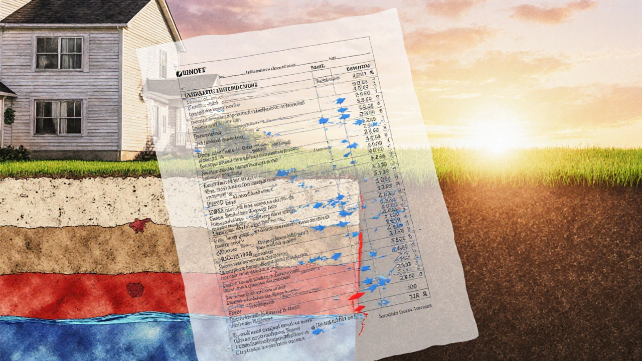 Querschnitt eines Grundstücks mit Bodenschichten, Grundwasser und instabilem Torf unter einem Hausfundament.